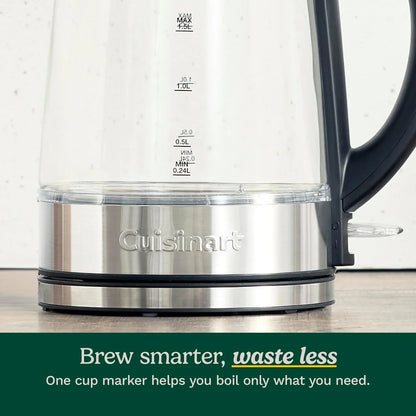 Cuisinart 1.5L Glass Kettle, Illumination, BPA-Free, Easy-Pour Nondrip Spout, Hinged Lid Opening, 1-Cup Marking, and 360-Degree Rotational Base, Auto Shut-Off