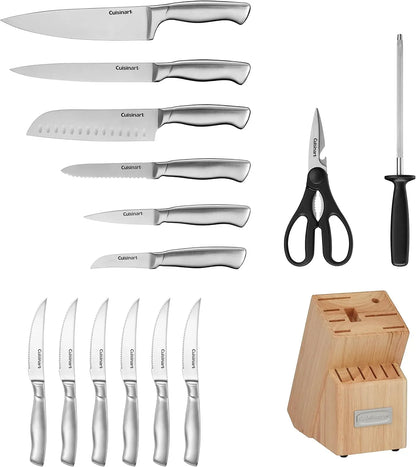 Cuisinart Professional Block Knife Set 15pc Cutlery Knife Set with Steel Blades for Precise Cutting, Lightweight, Stainless Steel Durable& Dishwasher Safe, Natural Woodgrain Finish